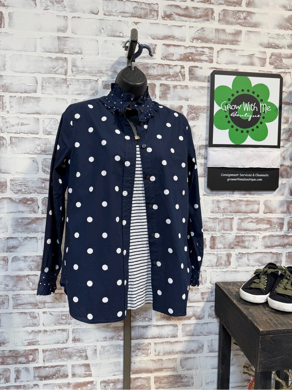 J. Crew Navy Polka Dot Button-Front blouse women’s medium